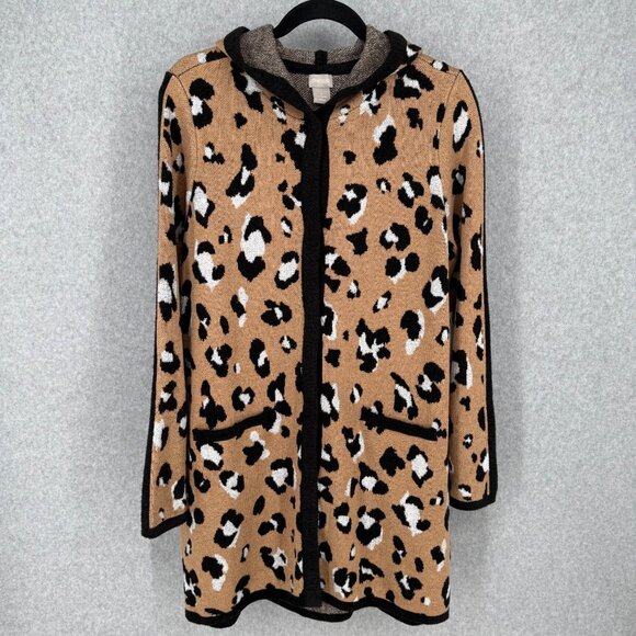 Chicos Long Line Knit Cardigan Sweater Size 1/M Animal Print Hood Cozy NEW - Picture 1 of 14